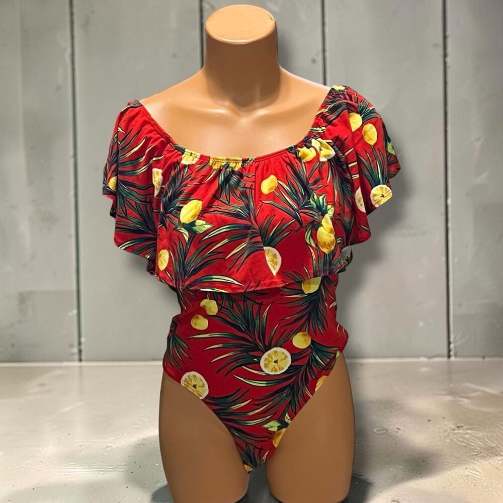 Charlotte Russe Lemon Tropical Ruffle Bodysuit Women’s S Red